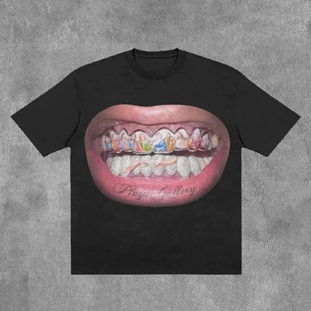 Street clothing Tshirt Y2K hiphop teeth graphic printed black oversized mens Harajuku Gothic cotton short sleeved top 240819