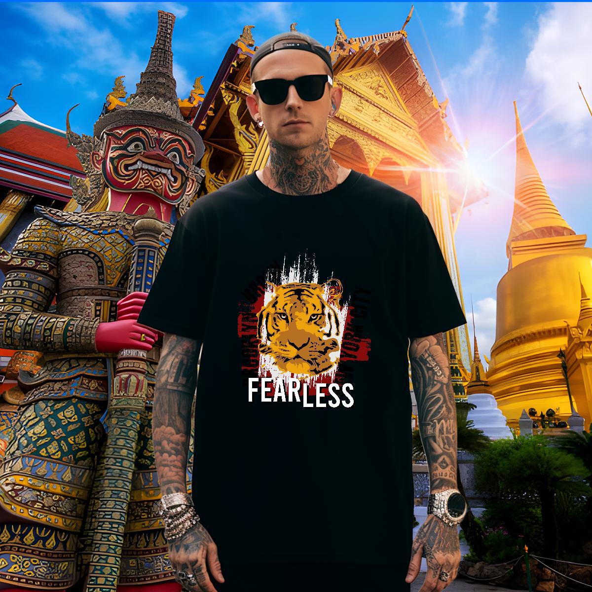 Loose Fit T Shirts Men tiger Short Sleeve O-Neck Spring Summer DIY Anime 230g Cotton Mens Tshirts Free Shipping Wear