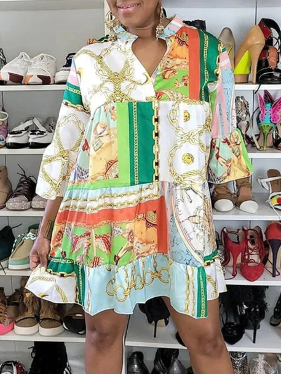 LW Plus Size dresses Chain Print A Line Loose Dress V-Neck Half Sleeve Casual Fashion Summer Female Loose Ladies Vestidos 240819