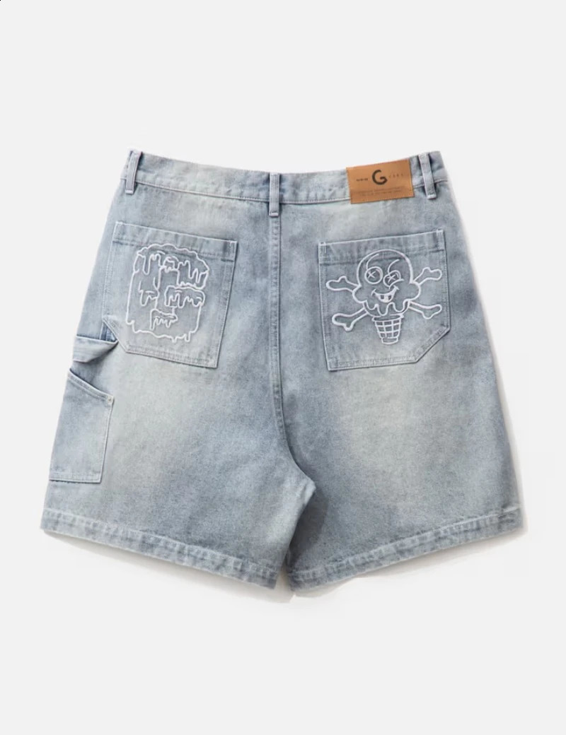 Y2K Fashion Blue Washed Pattern Printed Pocket Denim Shorts Mens Harajuku Retro Casual Gothic High Waist Wide Leg 240819