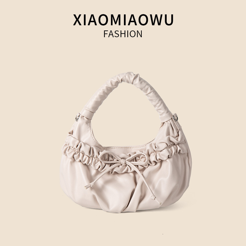 Small niche pleated high-end work handbag, bow PU summer shoulder crossbody bag, women's versatile bag