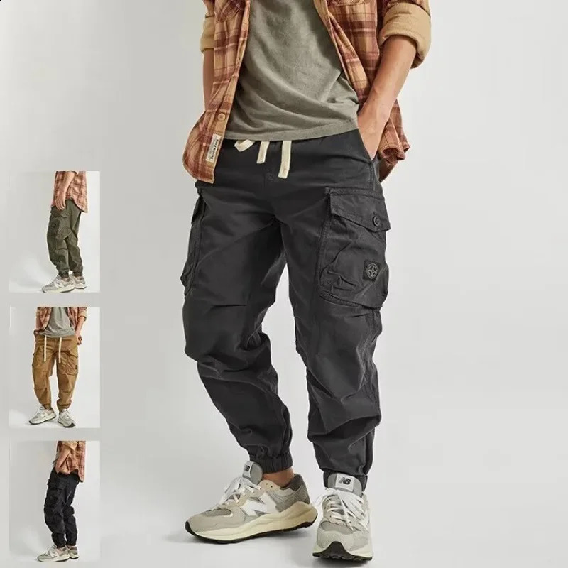 Autumn American Style Casual Khaki Cargo Pants For Men Loose Fit Drawstring Versatile Ankle Length Multi Pocket Good For Travel 240819