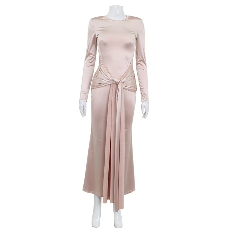 Silk Fold Dresses For Women Fashion Sexy Streetwear Solid Full Sleeves O-Neck Bodycone Party Elegant Long Vestidos Robes Female 240819