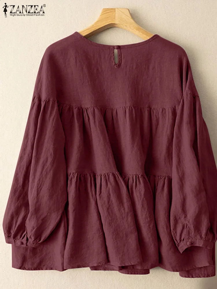 ZANZEA autumn retro long sleeved womens casual cotton shirt Oneck solid blue fashionable button cuffs Chemise 240819