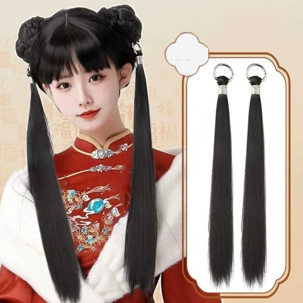 1 new wig ponytail womens new Chinese style hair clip extended ponytail long filament straight hair double braid W240817