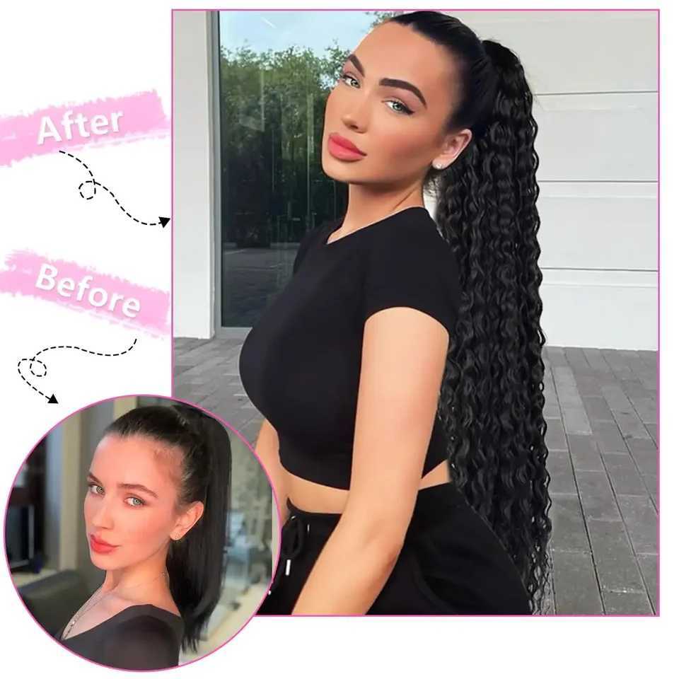 Long curly ponytail extended clip in synthetic brushed ponytail wig 32 inches long water wave African ponytail womens hair clip W240817