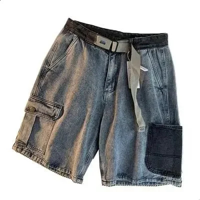 Japanese retro loose denim shorts suitable for womens summer trendy street style casual functional multi pocket cargo pants 240819