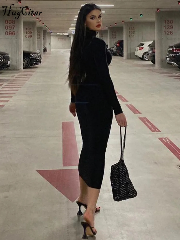 Hugcitar Women Fashion Turtleneck Long Sleeves Black Sexy Bodycon Maxi Prom Dress Fall Casual Streetwear Halloween Costumes 240819