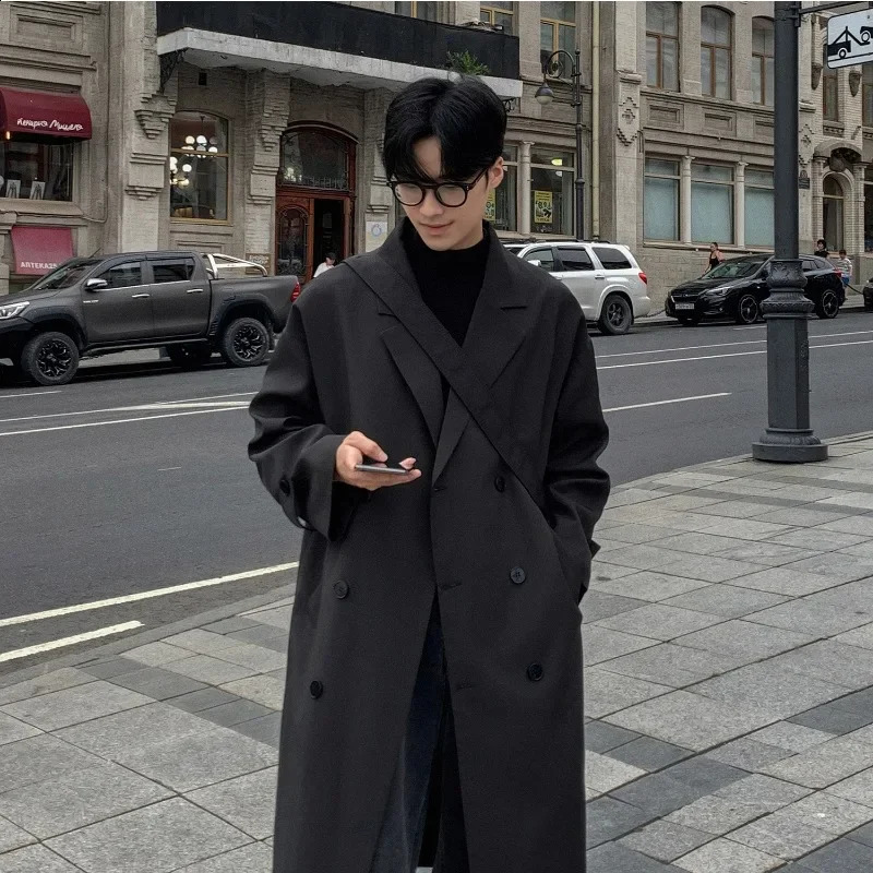 autumn fashion collar jacket mens mid length knee double 240819