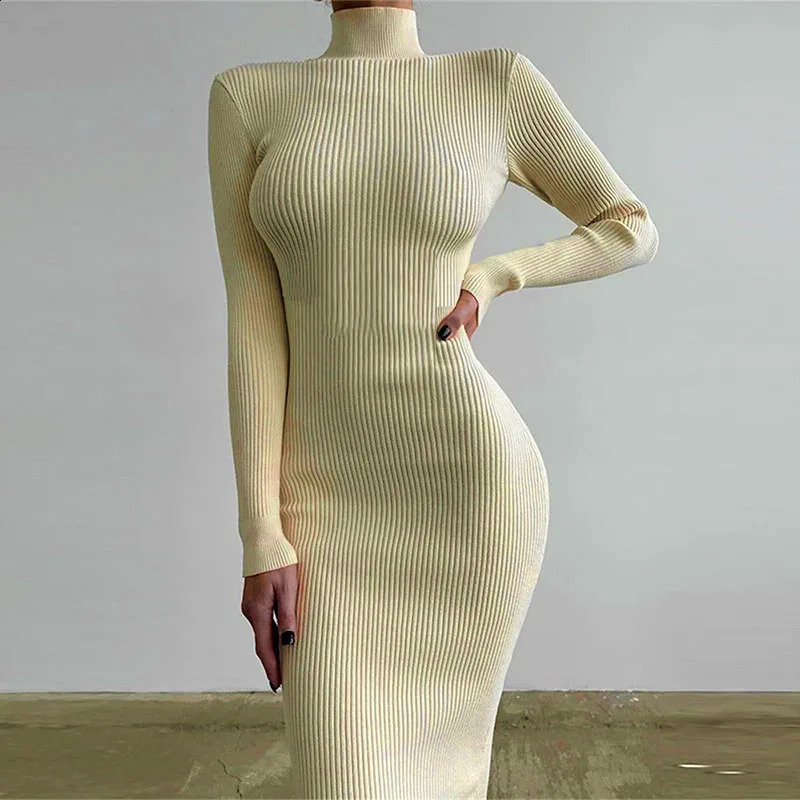 Autumn Winter Women Turtleneck Knitted Dresses Elegant Solid Bodycon Long Sleeve Sweater Dress Spring Office Lady Sexy Dresses 240819