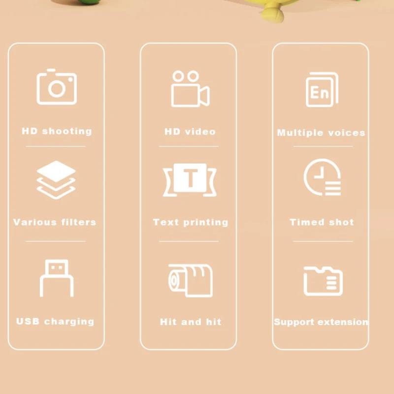 Kids Toy Camera Instant Printer Mini Thermal Printing Instax Cameras Digital Photo Child Drawing HD Video Birthday Christmas Gift Cute Animal Cartoon 