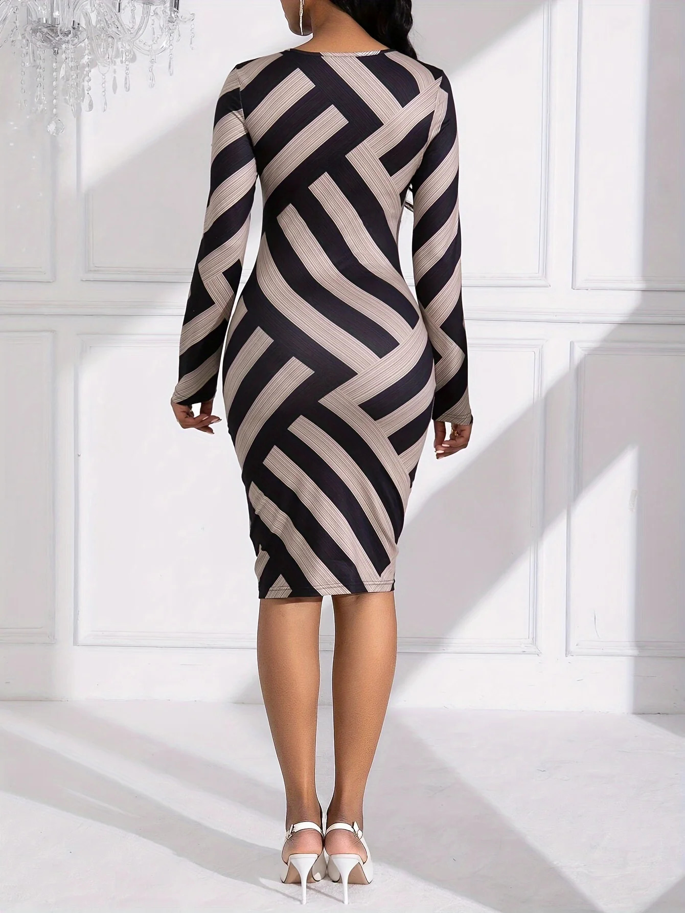 Women Elegant Colorblock Stripe Printed Dress African OL Casual Round Sexy Long Sleeved Elastic Force Slim Dresses Vestidos 240819