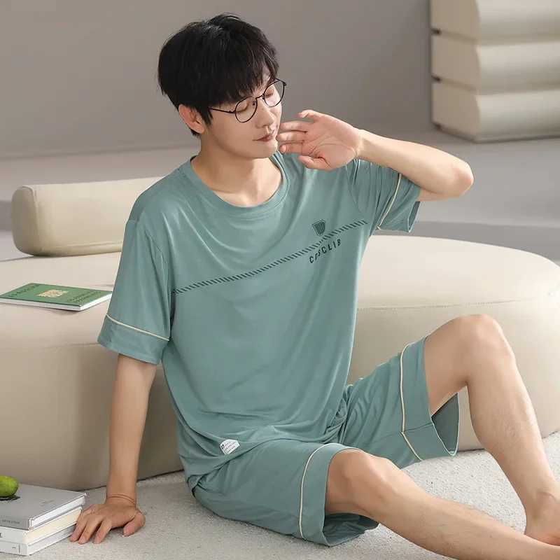 Modal Sleepwear Mens Summer Thin Round Neck Short Sleeve Ice Cool Summer New Home Set Mens Pajama SetW240719