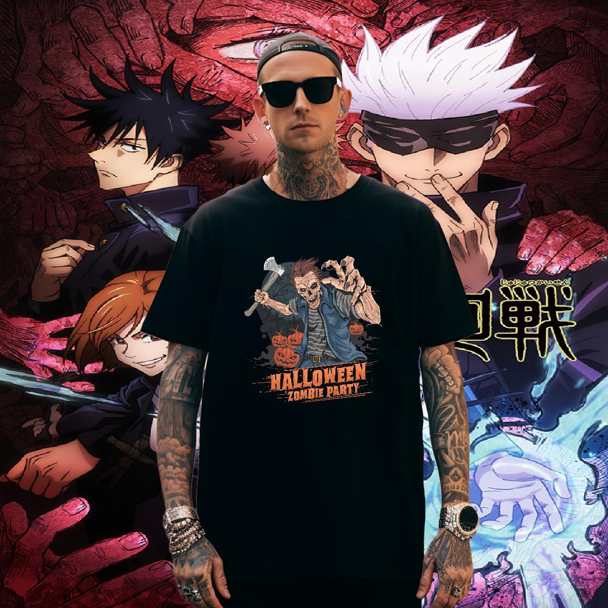 Cool T-Shirts halloween O-Neck Short Sleeve Street Casual Anime 230g Pure Cotton Men Tees New Tops