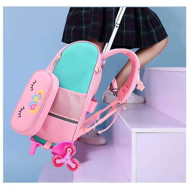 Cartoon Unicorn School Bags Wheeled Backpack for girls Trolley Bag with Wheels Student Kids Rolling Backpack Trolley Bag Y240820