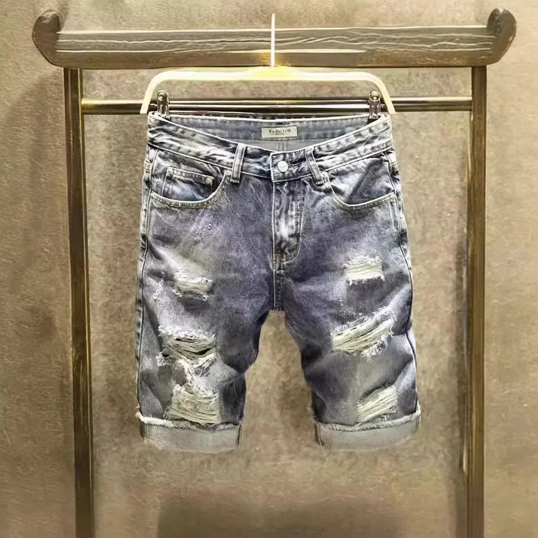 Summer unique Holeed denim shorts mens fashion trend hoodie cool casual mid waist light blue ripped 240819