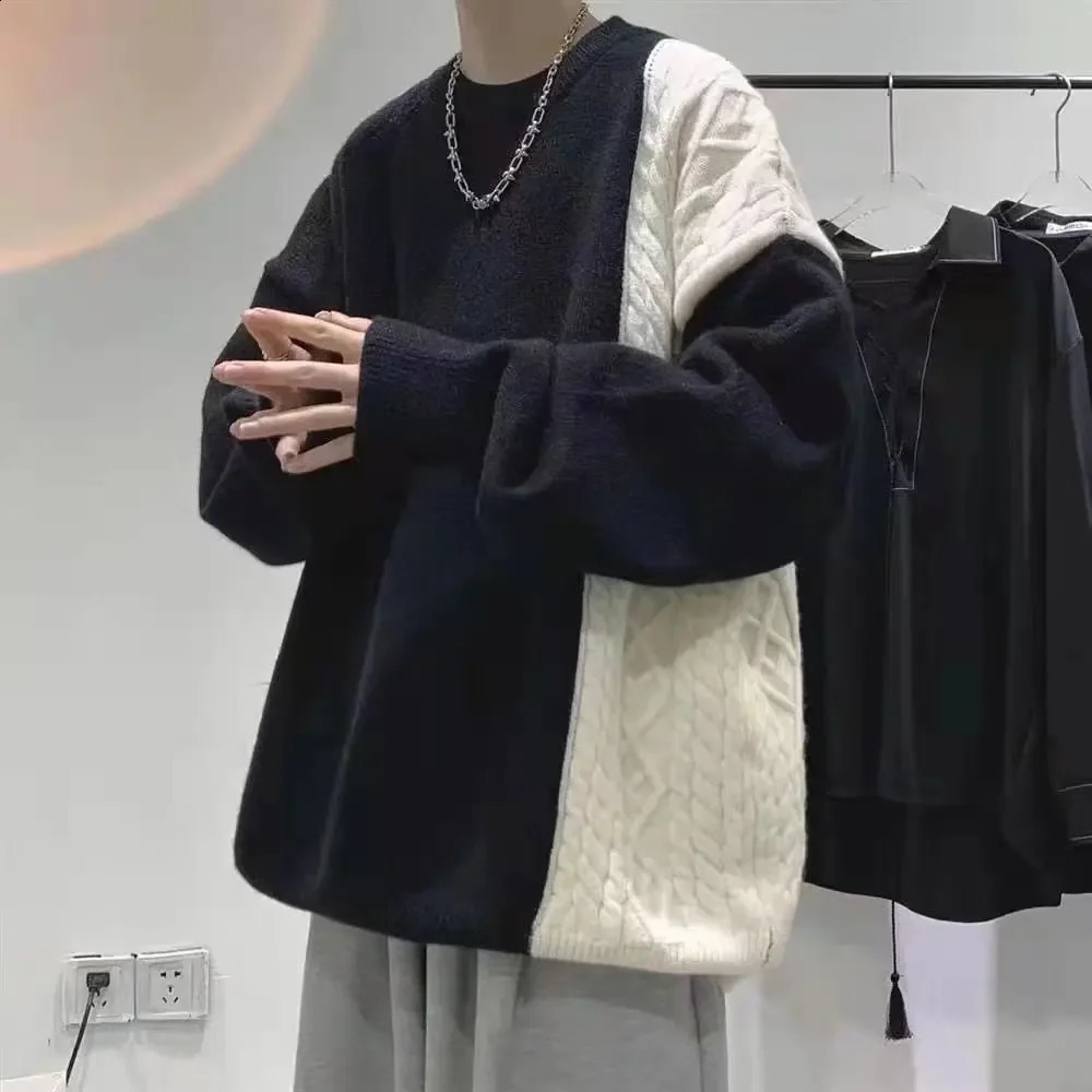 Hong Kong style Ins retro color round neck mens sweater autumn and winter trend knitted top loose fitting scene 240819