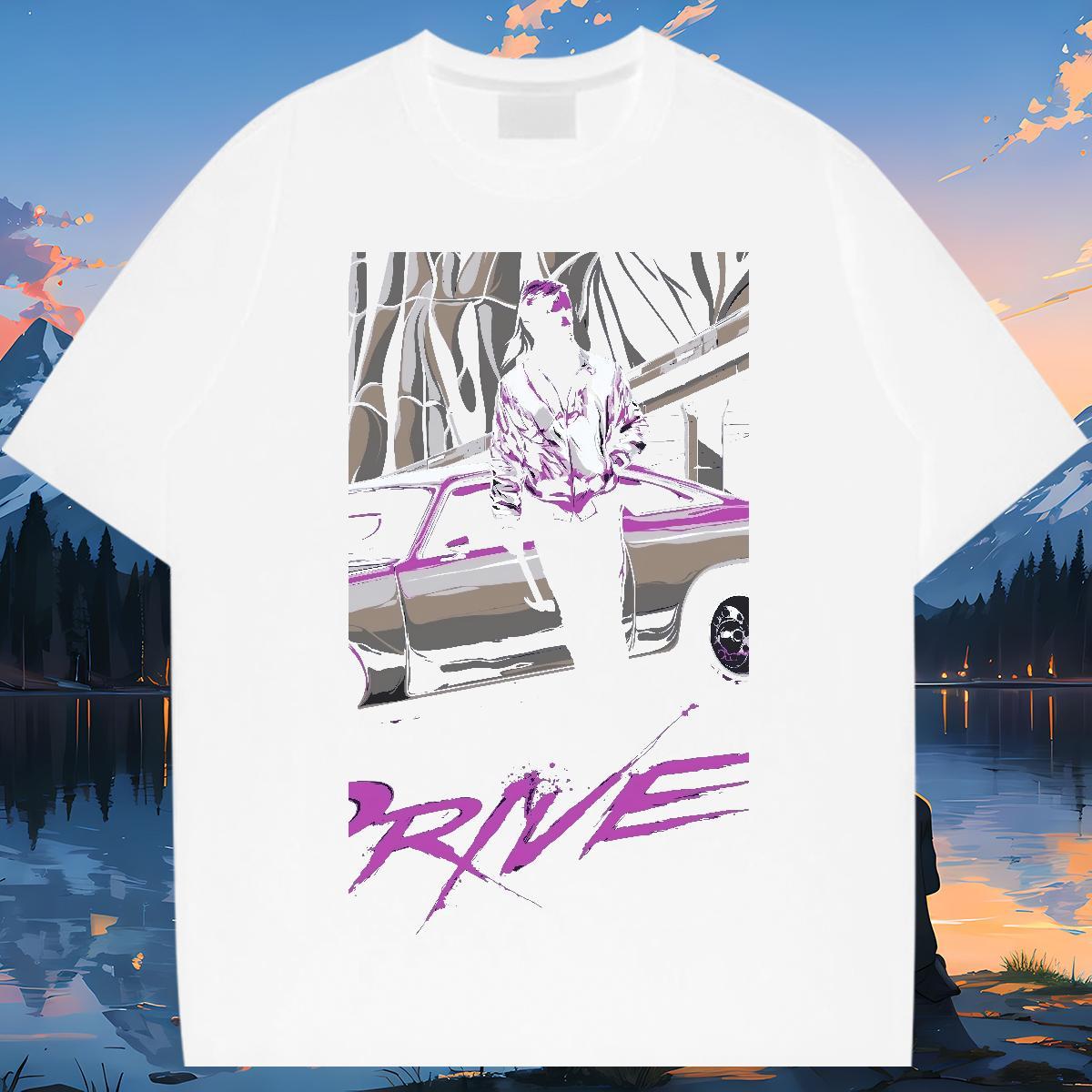 Loose Fit car 230g Pure Cotton Couples T Shirts Daily Outfit Crew Neck Breathable Man T Shirts Free Shipping Floral Print Tops