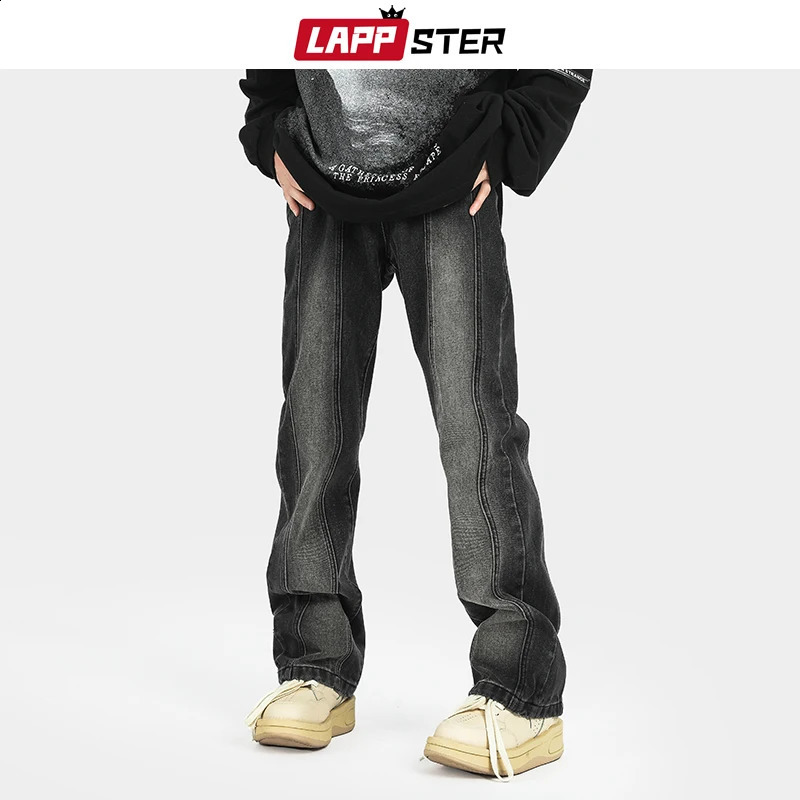 LAPPSTER Y2k Streetwear Stacked Jeans Pants Color Block Korean Fashions Chic Jeans Harajuku Hip Hop Black Low Rise Denim Pants 240819