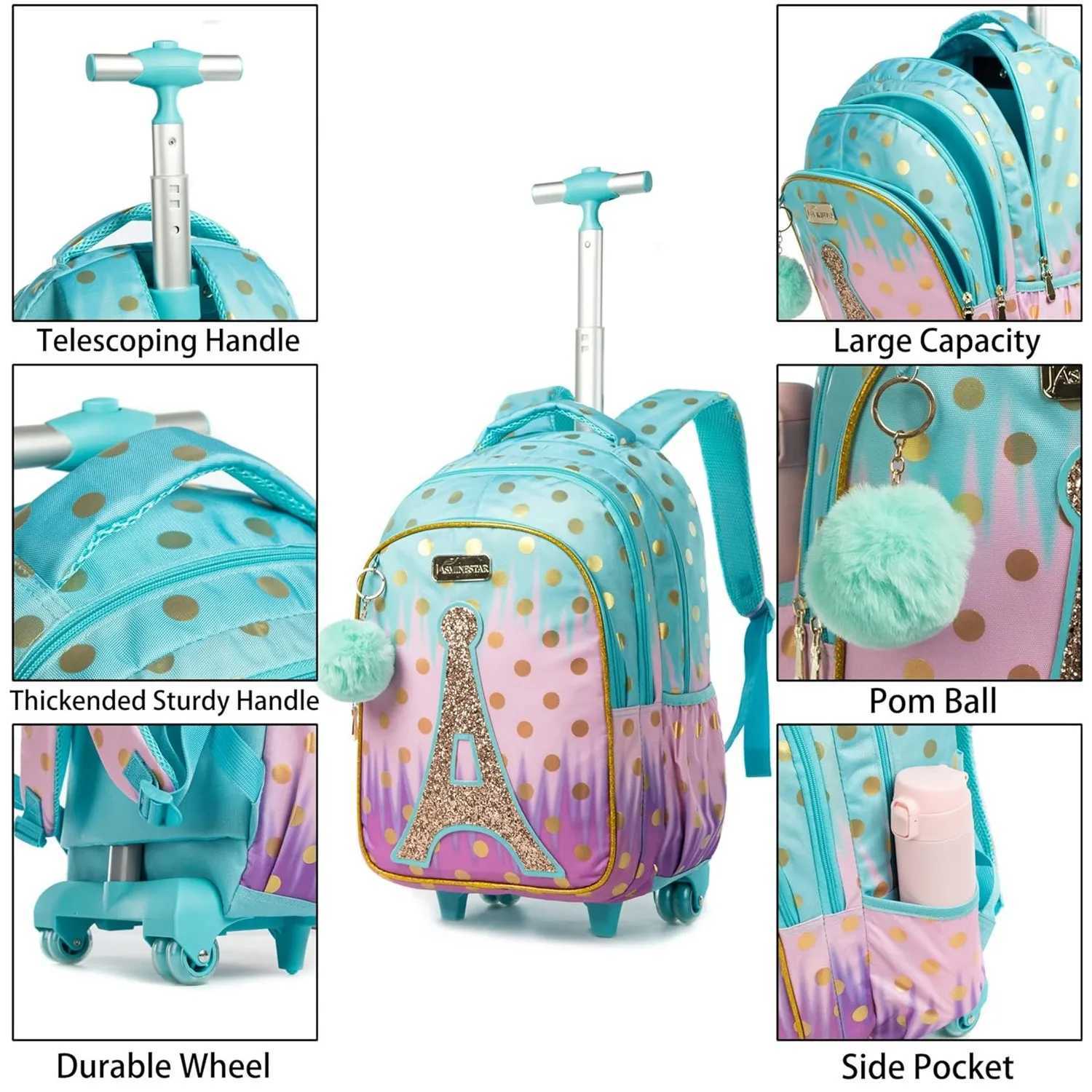 Childrens School Backpack with Wheels Kids Wheeled School Bag Teenagers Bag Girls Canvas Backpack Travel Luggage Trolley Bags Y240820