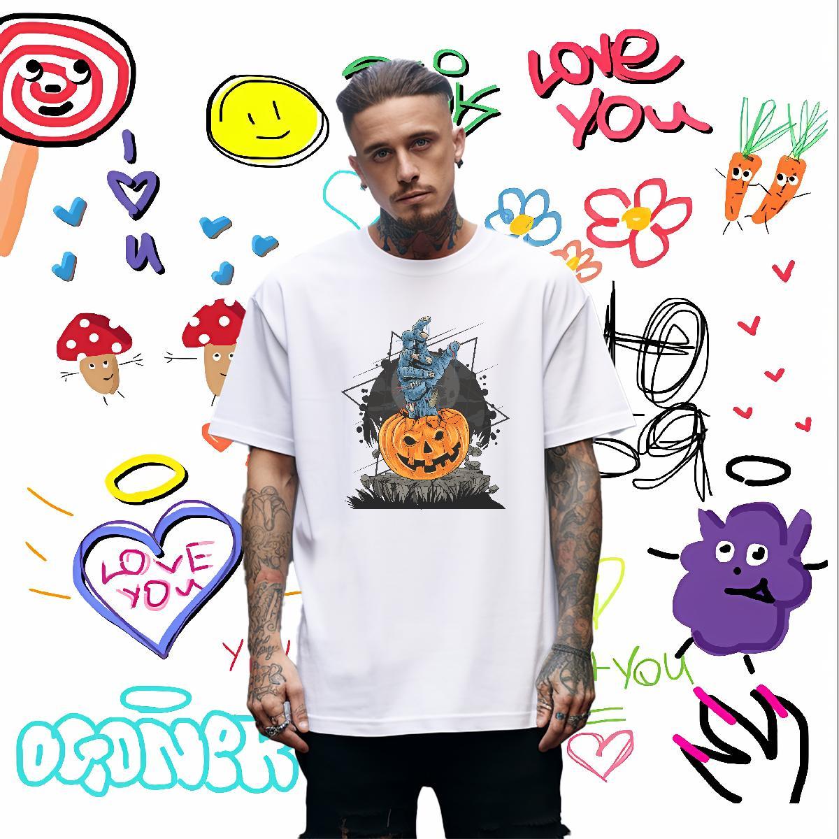 Unisex T Shirts Men pumpkin Breathable Short Sleeve Anime Printing Street Plus Size Cartoon 230g Cotton Mens Tshirts Custom Polos