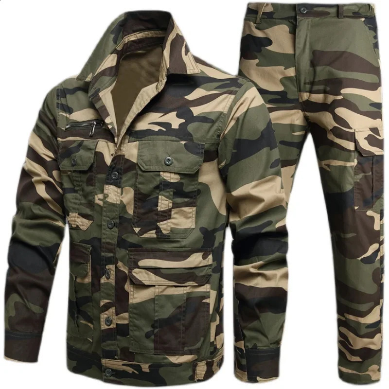 Summer Camouflage Suit Mens Thin Hunting Shirts Jacket and Cargo Trousers Tactical Working Cotton Breathable Multi-Pocket Suit 240819