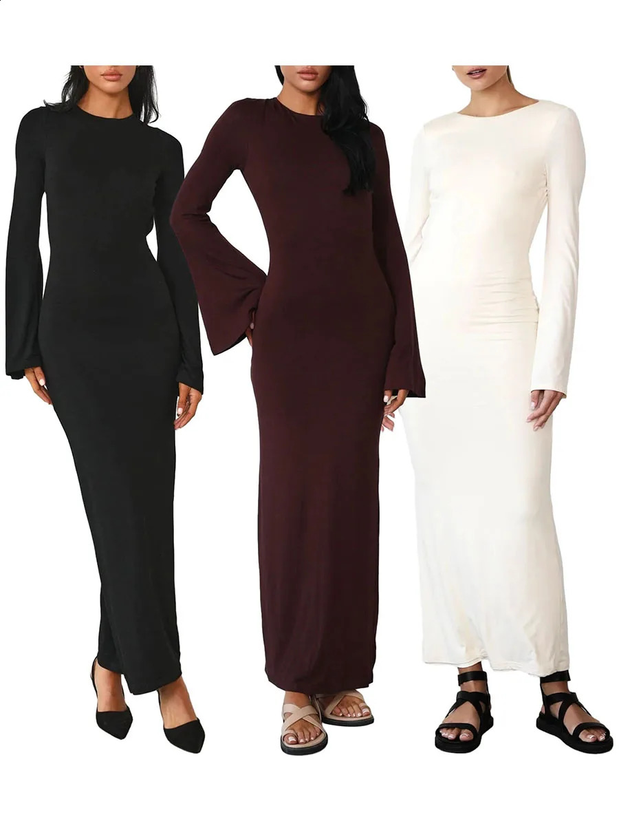 Women Backless Elegant Sexy Chic Long Dress Solid Color Black Long Sleeve Fashion Tie Back Boat Neck Slim Dress 240819
