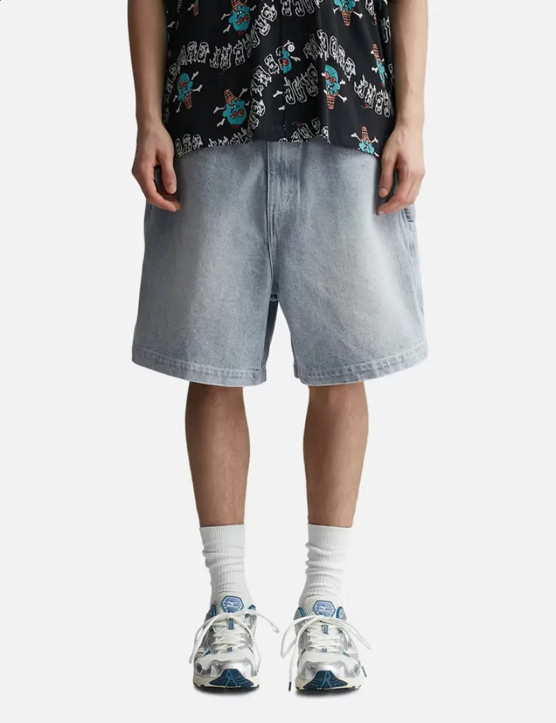 Y2K Fashion Blue Washed Pattern Printed Pocket Denim Shorts Mens Harajuku Retro Casual Gothic High Waist Wide Leg 240819