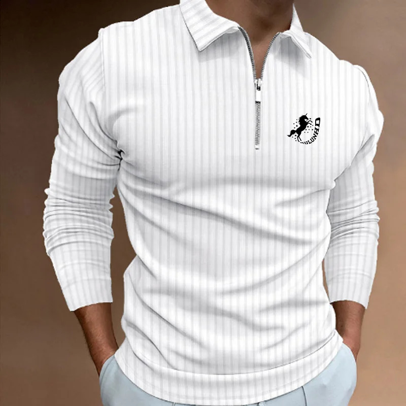 Trending Men Long Sleeve Casual Print Stripe Zipper Polo Shirt Men Golf Polo Shirt . 240820