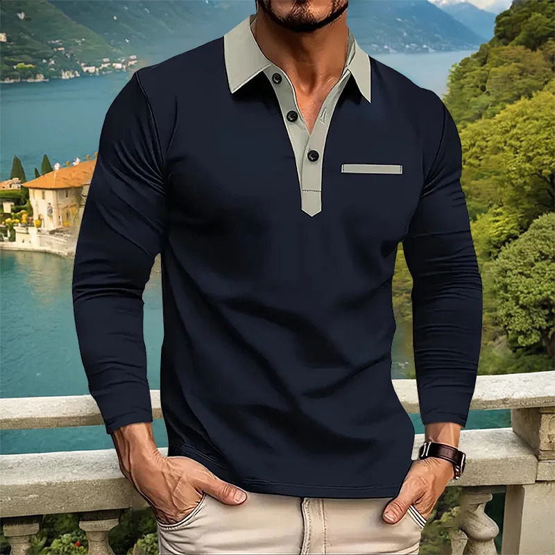 Spring and Autumn Mens Long sleeved Polo Shirt Leisure Fashion Classic V-neck Polo Shirt European and American Large Sizes 240820