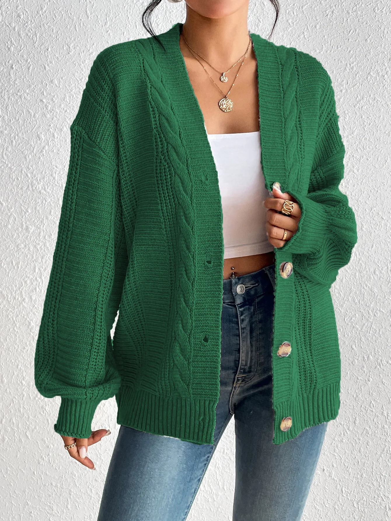 Vneck knitted cardigan womens autumn and winter thick American loose casual long sleeved solid color sweater jacket in 6 colors 240819