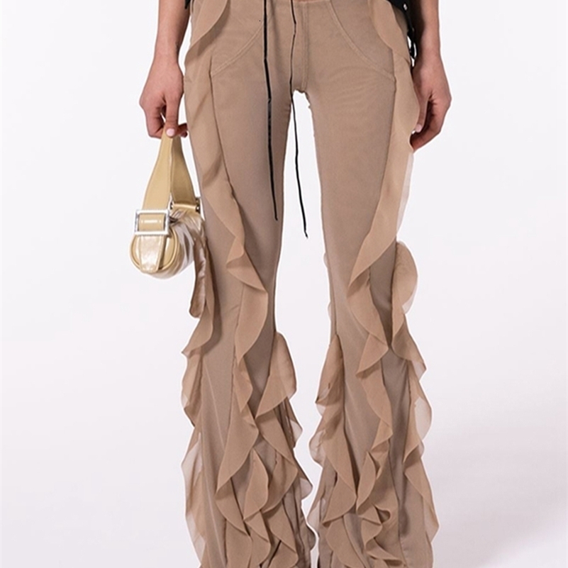 Women s Ruffle Flare Pants y2k Solid Low Rise Stretch Bell Bottom Trousers Rave Club Streetwear 240819
