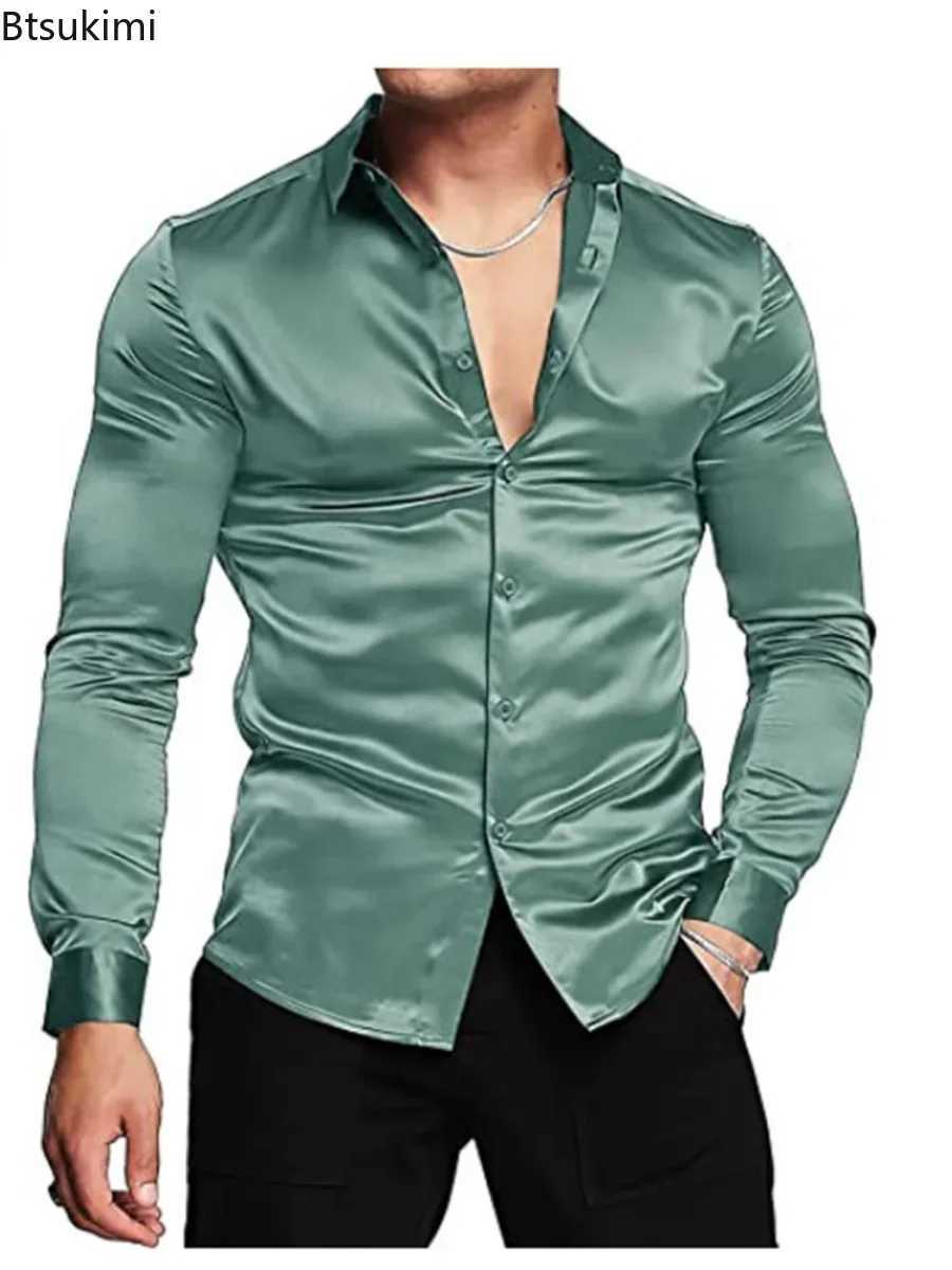 New 2024 Mens Luxurious Shiny Silk Satin Dress Shirt Long Sleeved Casual Slim Muscle Button-down Shirt Male Plus Size S-3XLXJ240819