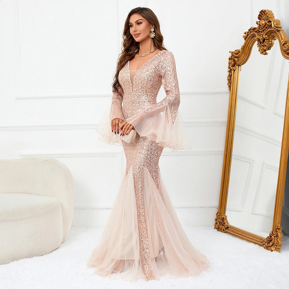 YIDINGZS Elegant Long Sleeve Sequin Evening Dress Gold Mesh Party Maxi Dress 240819