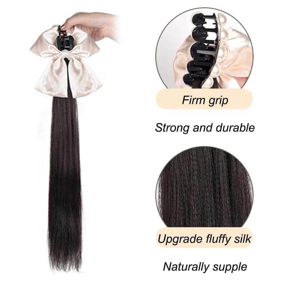 Beautiful synthetic bow ponytail wig womens claw clip high ponytail straight hair natural new Chinese braided ponytail W240817