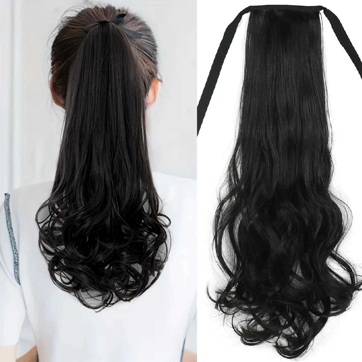 Ponytail hair extension accessory black 20 inch long natural wave heat-resistant fiber synthetic ponytail wig W240817