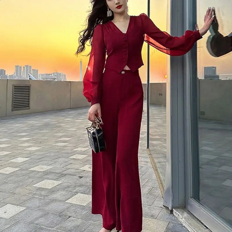 Summer Solid Color Suit Women V-neck Slim Long Sleeve Lace Patchwork Button Cardigan and Zipper High Waist Wide Leg Trousers 240819