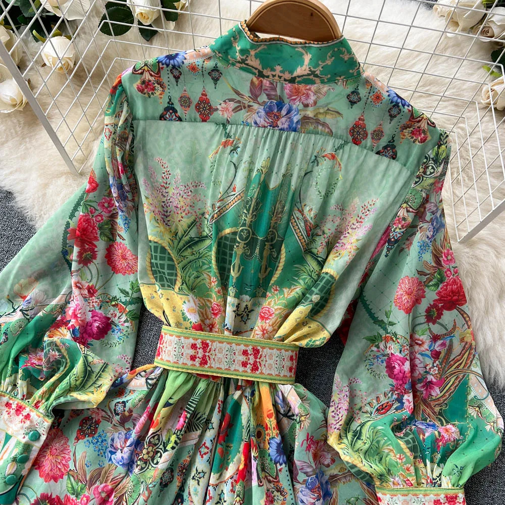 Spring Autumn Holiday Flower Chiffon Long Dress Womens Stand Collar Lantern Sleeve Floral Print Belt Long Party Robe Vestido 240819