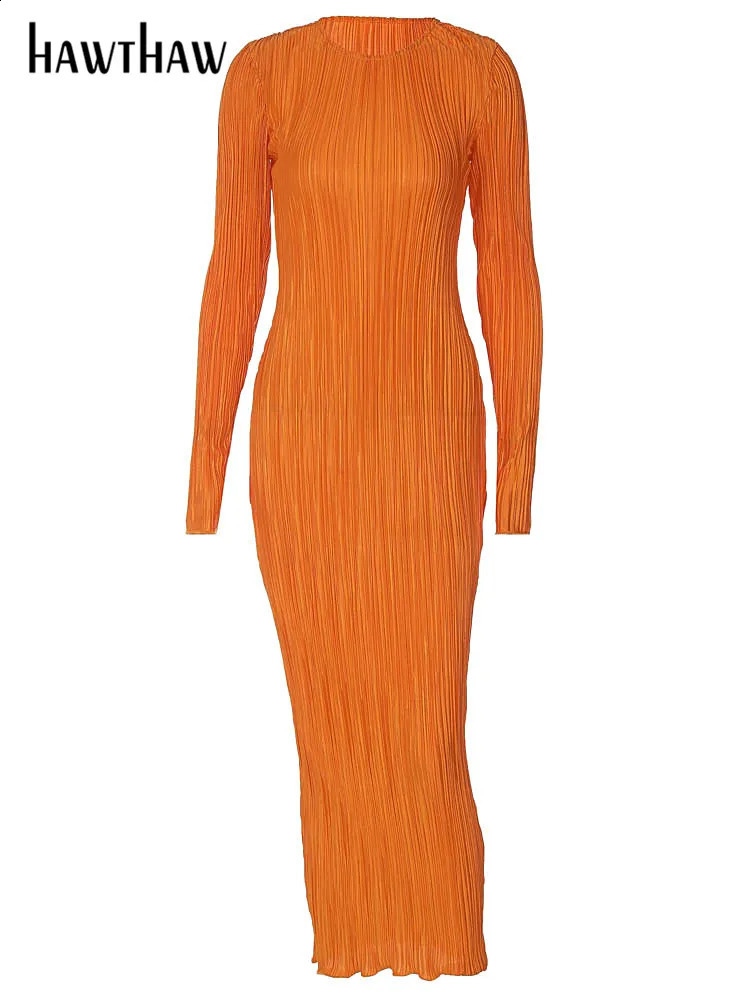 Hawthaw Women Fashion Long Sleeve Streetwear Bodycon Orange Midi Dress Autumn Clothes Wholesale Items For Business 240819