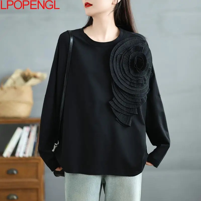 Womens solid color fashionable long sleeved Pullover autumn 3D loose casual retro sportswear 240819