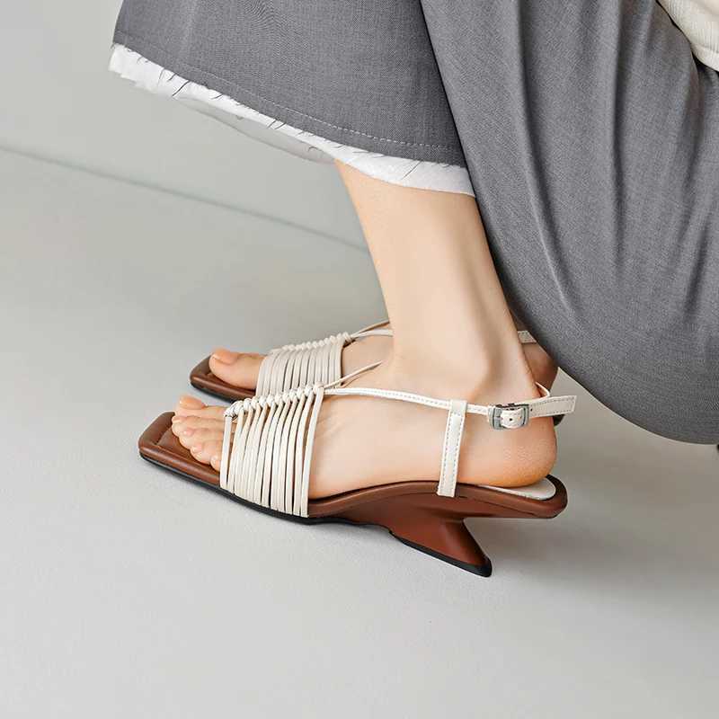 New Summer Women Sandals Square Toe Strange Heel Shoes Split Leather Shoes for Women Narrow Band Handmade Shoes Modern Sandals CL240806
