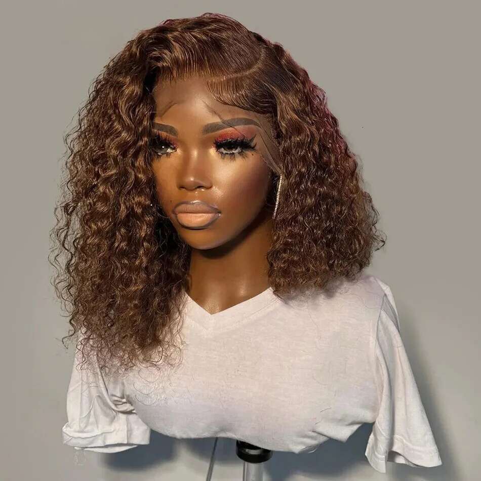 Brazilian Deep Curly Bob Wigs Natural Black Brown HD Lace Front Part Transparent Highlight 4# Color Remy Hair Wig