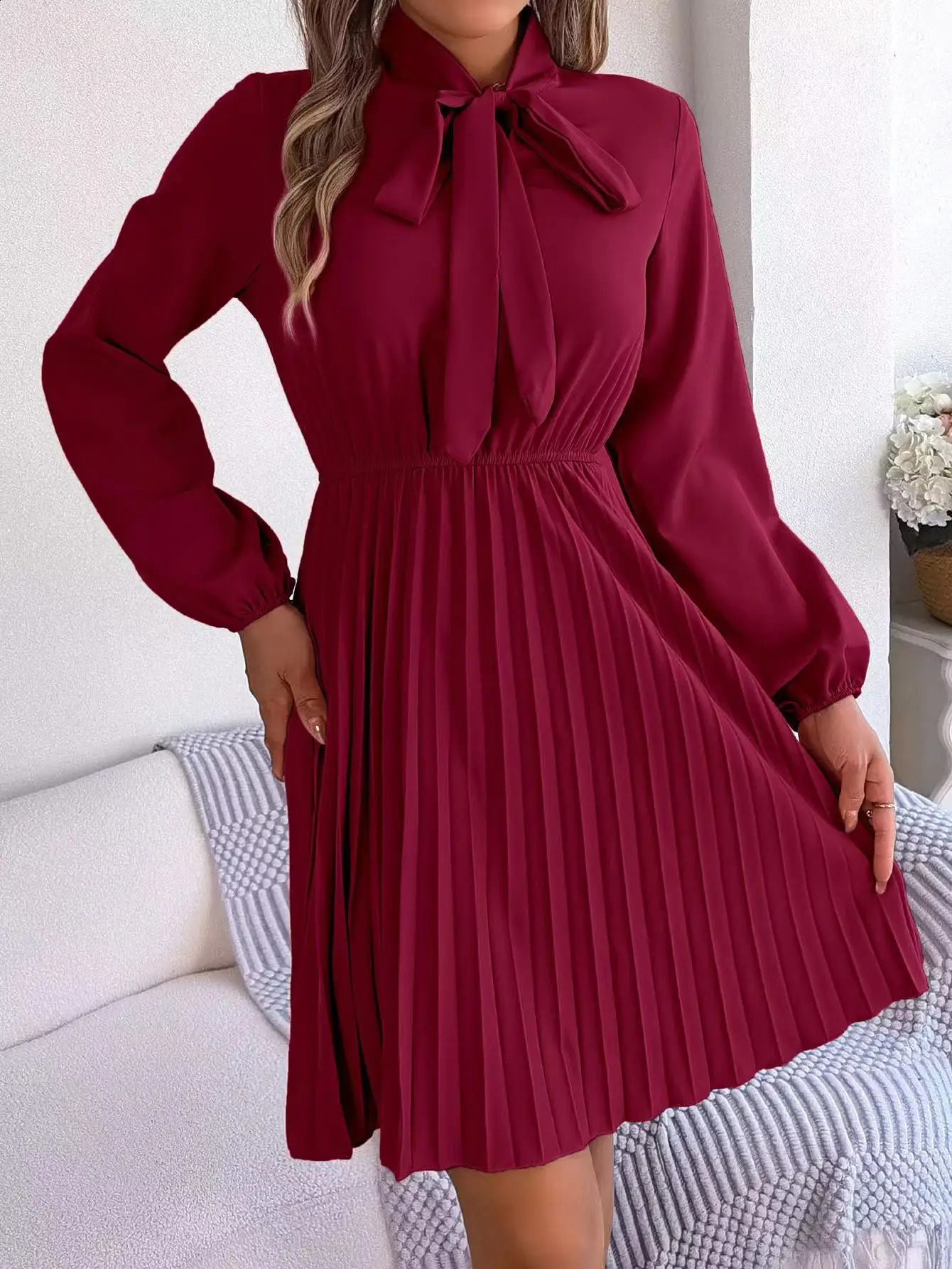 Womens Dresses in Spring Summer Autumn Winter Fashion Pure Color Lace Up Long Sleeve Elastic Waist Party Pleated 240819