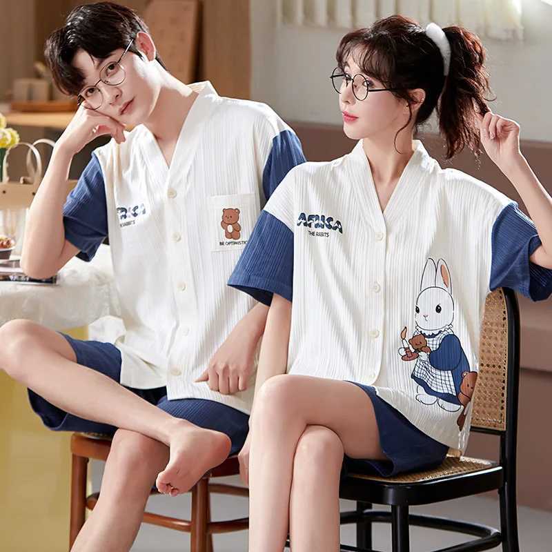Japanese kimono cartoon couple pajamas cotton mens summer mini pajamas set casual wearW240719