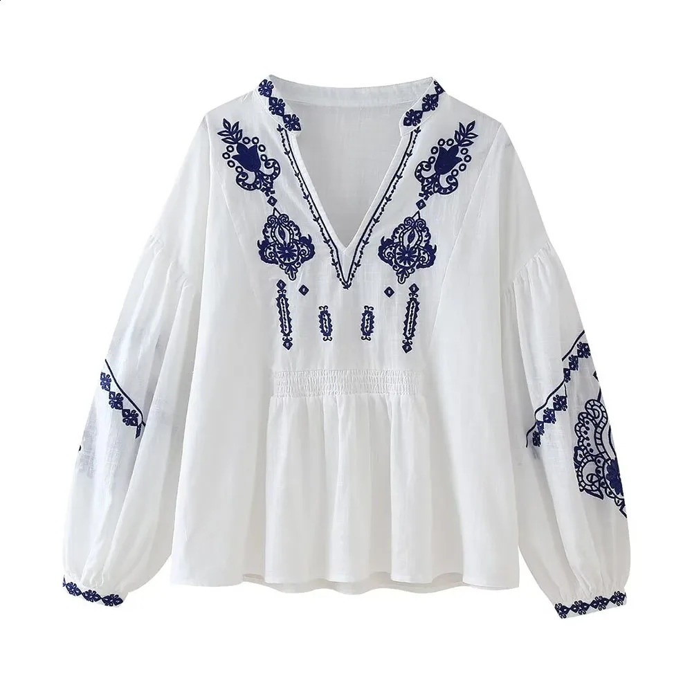 2024 Spring/Summer Womens V-neck Long Sleeve Unique Embroidered Casual Shirt 240820