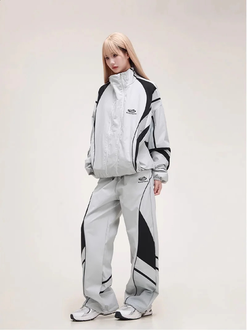 2piece American style High Street Sports Wear womens color matching jacket sports pants Hip Hop Dance Tracksuit set 240819