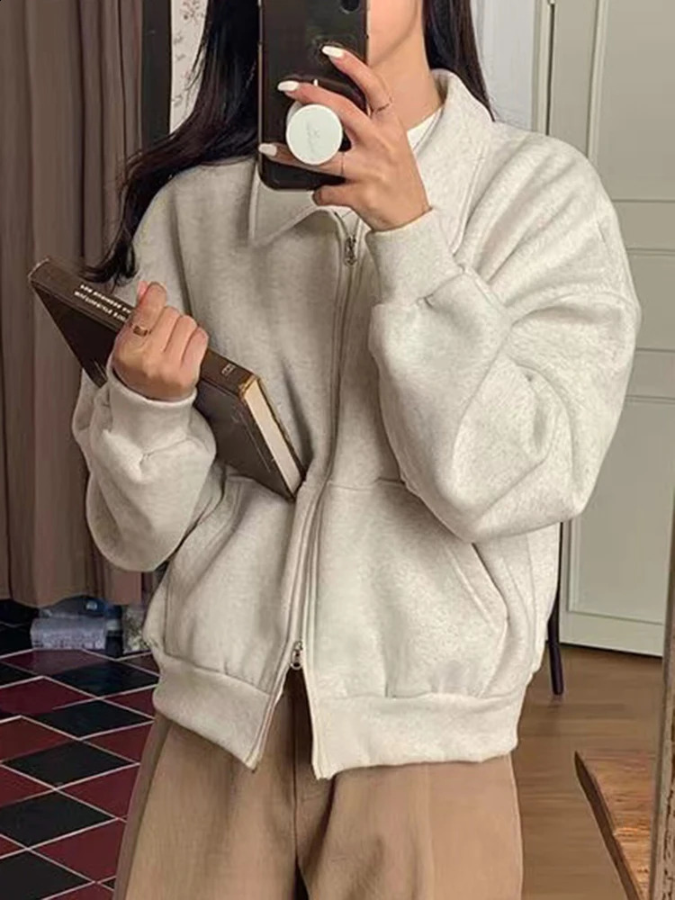 Vintage Zip Up Sweatshirts Cardigans Winter Autumn Women Hoodies Long Sleeve Plain Grey Tops Jacket Coat Loose Casual Short Coat 240819
