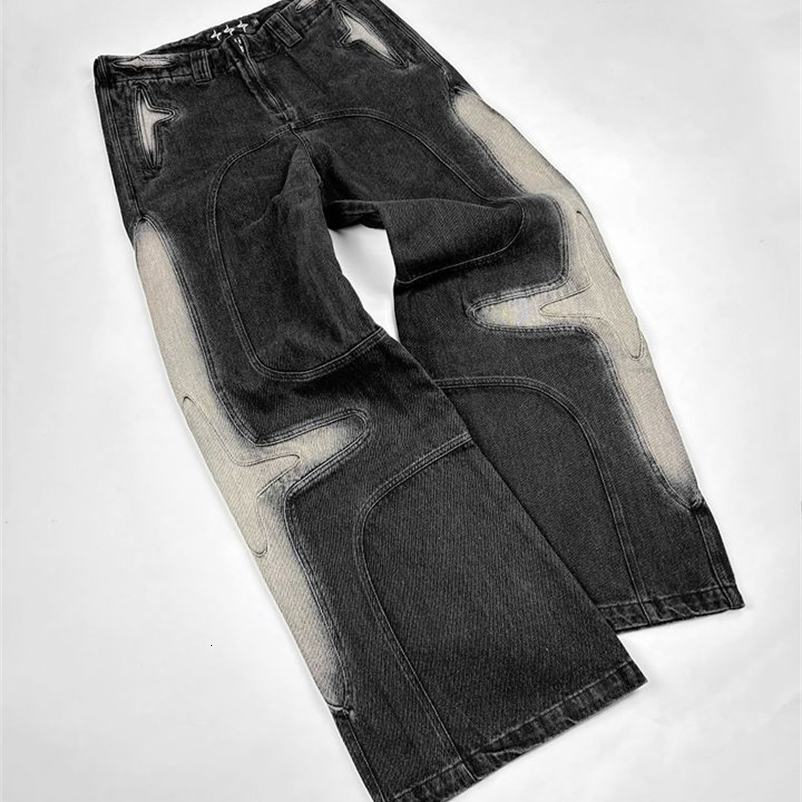 2024 Hip Hop Punk Patchwork Black Ripped Baggy Jeans Rock Goth Y2k Mens Wide Leg Floor Length Denim Pants Streetwear y240819