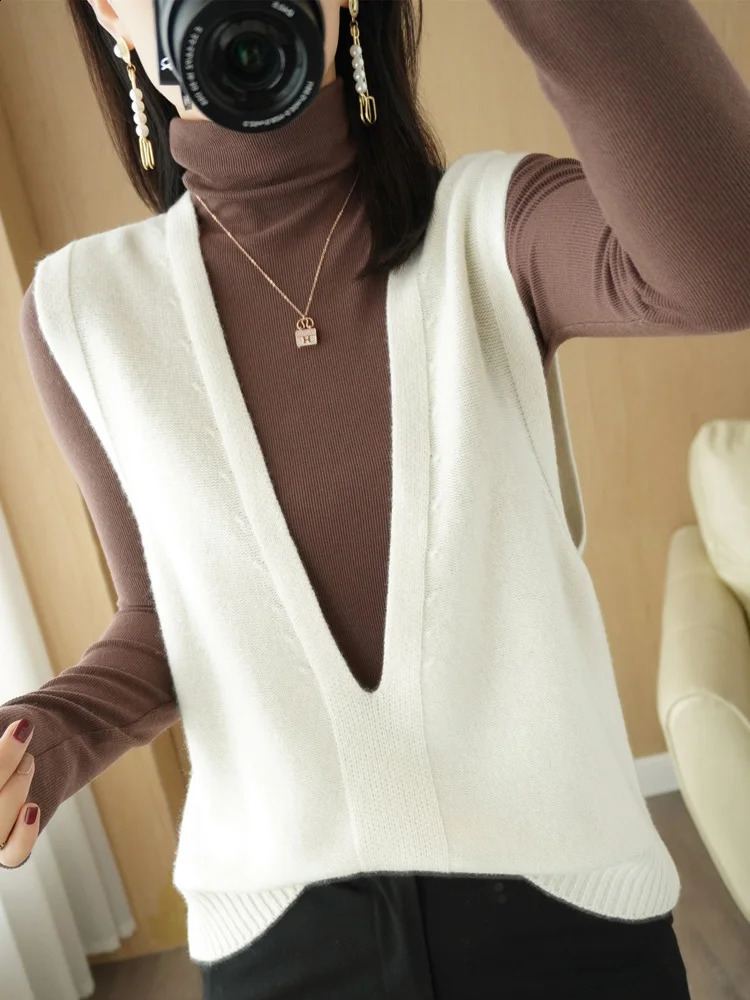 Merino wool sweater vest loose deep Vneck sleeveless short sleeved knitted floral thick and warm jumper jacket 240819