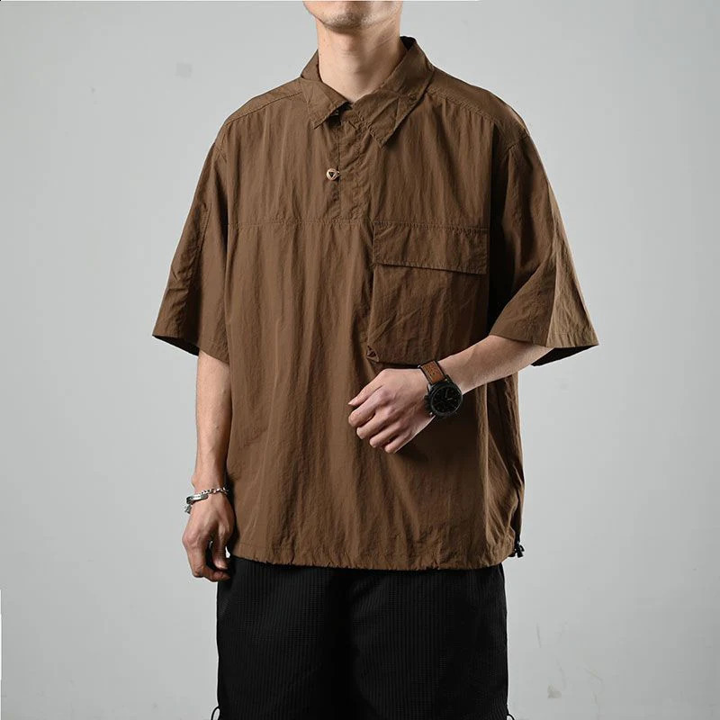 Summer Japan Style Vintage Short Sleeve Men Polo T Shirts Casual Fashion Harajuku All-match Oversized Couple Clothing Brown Blue 240819
